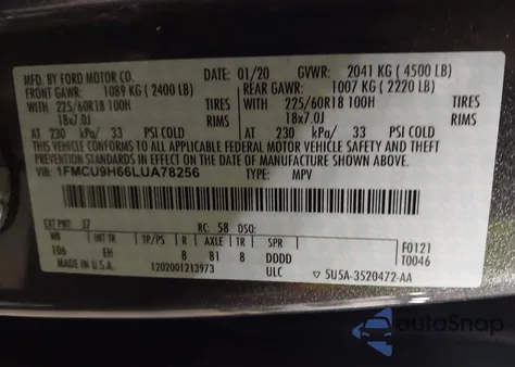 2020 Ford Escape Sel z USA, uszkodzony, nr VIN 1FMCU9H66LUA78256